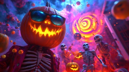 Halloween party poster with cartoon pumpkin character