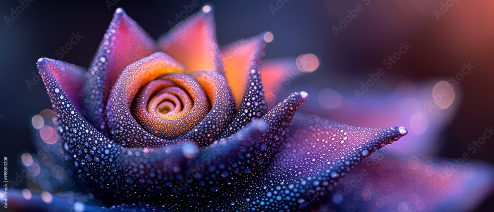 Wall mural  A tight shot of a purple flower, dewdrops glistening on its petals, background softly blurred