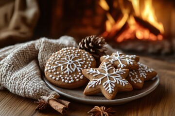 Freshly baked cookies laid on a cozy plate next to a crackling fire during the winter season