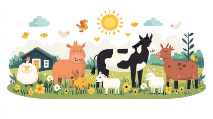 Naklejka premium Rural farm animal set with a horse, cow, pig, sheep, goat, chickens, and rabbits in flat style, Farm Animals, Domestic countryside fauna