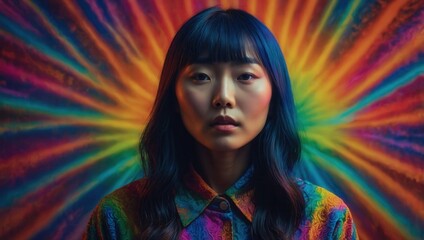 Colorful portrait of Asian woman with abstract radiant background patterns