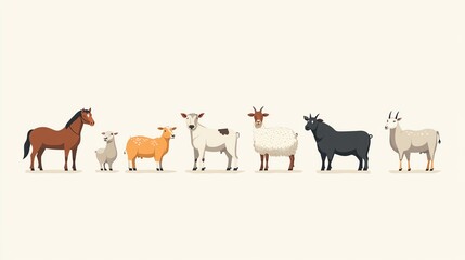 Set of rural farm animals including a horse, cow, sheep, goat, pig, hen, and shepherd dog in flat style, Farm Animals Collection, Domestic livestock illustration