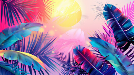 Abstract colorful summer gradient background with tropical beach palm leaves and geometric shapes with circles and lines