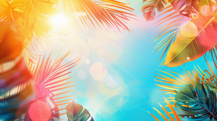 Abstract colorful summer gradient background with tropical beach palm leaves and geometric shapes with circles and lines