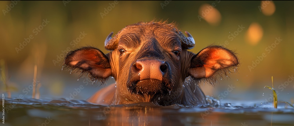 Sticker  A tight shot of a cow submerged in water, its head emerging from the surface