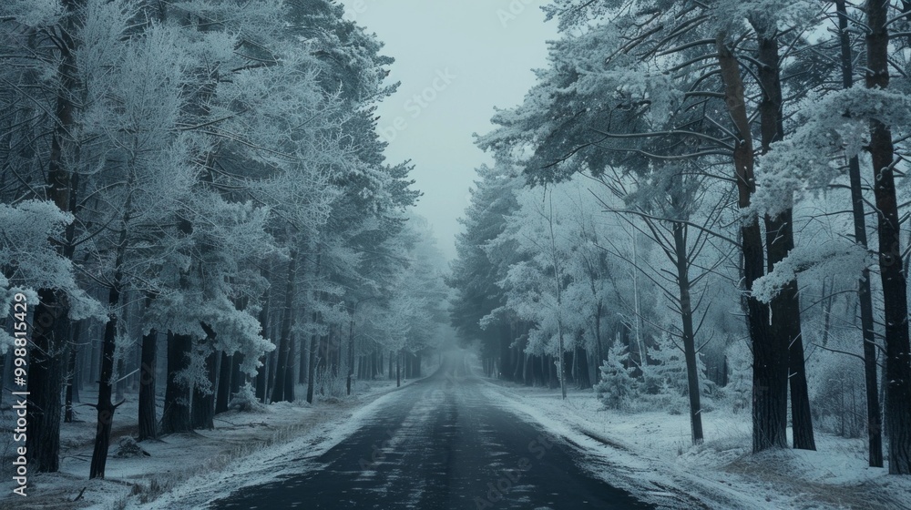 Poster a snowy road with trees in the background