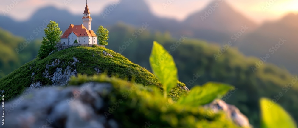 Poster  A small house atop a hill A solitary tree in the foreground A towering mountain in the background