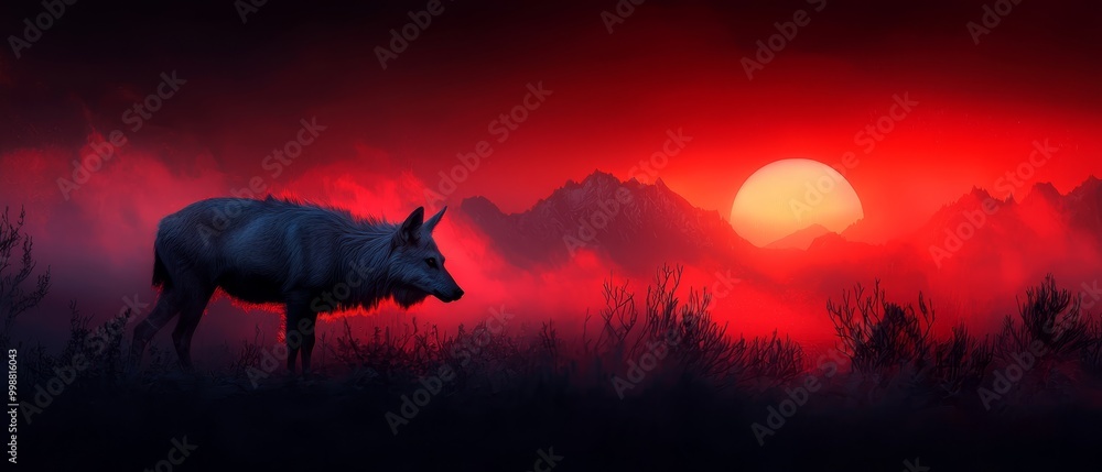 Canvas Prints  A painting of a wolf, standing solitarily in a field as the sun sets in the distance behind it