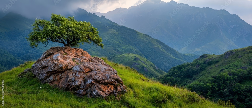 Poster  A tree atop a large rock, centrally situated in a verdant valley, surrounded by mountains