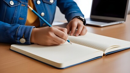 Hands Writing in a Notebook by Laptop