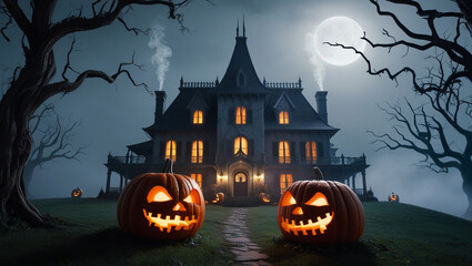 A Halloween Night scene with pumpkins and a house with a full moon behind it.