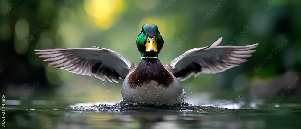 Wall mural  A tight shot of a duck in the water, wings splayed broadly, mirrored in its tranquil reflection