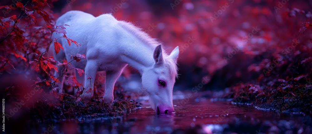 Wall mural  A white horse drinks from a forest pond, surrounded by red-hued leaves and verdant grass