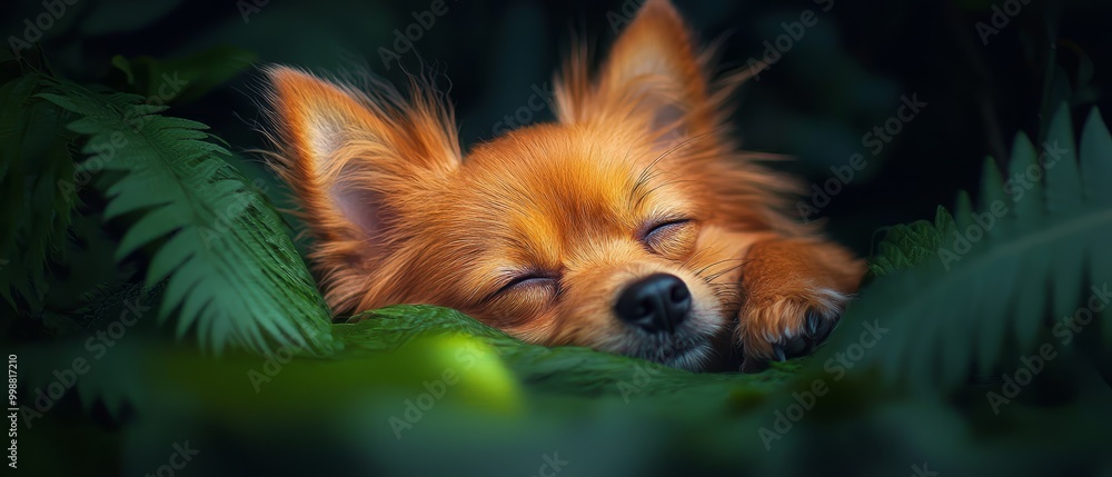 Poster  A close-up of a dog lying on a lush, green ground, with its eyes closed