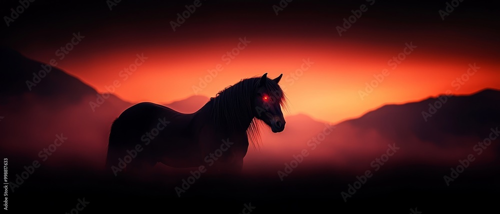 Canvas Prints  A horse, standing in the grass, facing a red light, and a mountain in the background