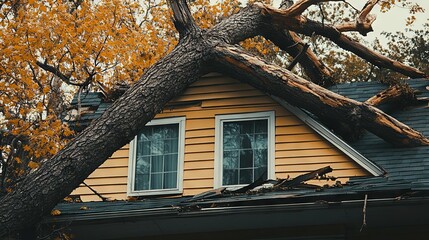 A fallen tree resting on a house roof, symbolizing the aftermath of a natural disaster and emphasizing the importance of disaster recovery and emergency response.