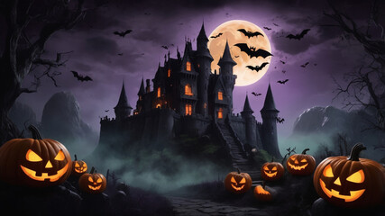 A Halloween Night scene with pumpkins and a house with a full moon behind it.
