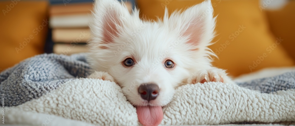 Poster  A tight shot of a dog comfortably lying on a bed, a blanket covering its back Its tongue is extended from its mouth