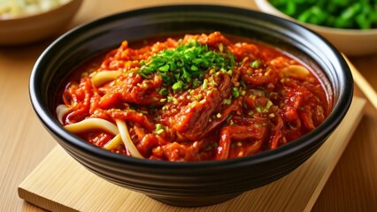  Delicious Asian noodle dish with vibrant red sauce and fresh green garnish