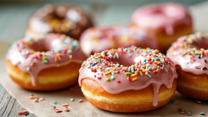  Sweet indulgence  A delightful assortment of frosted donuts with colorful sprinkles