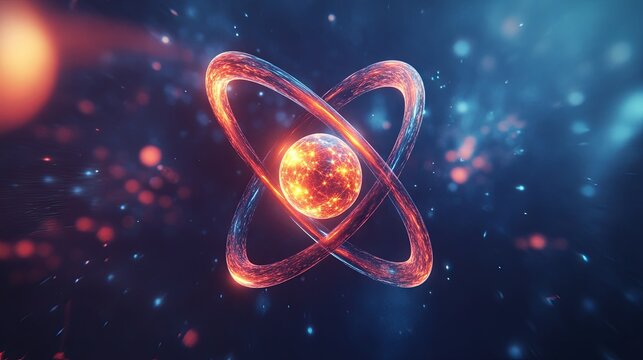 3D model of an atom featuring electrons orbiting around the nucleus, visually representing atomic structure and concepts in quantum physics.