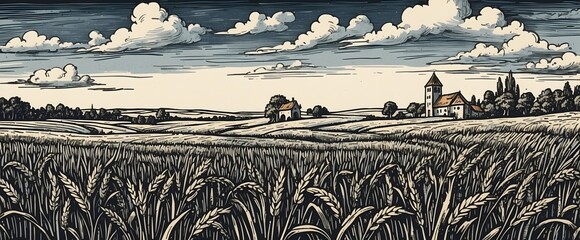 vintage medieval illustration of wheat fields with cloudy sky