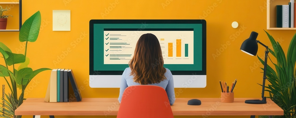 Poster a focused individual working on a computer while analyzing data with visual graphs in a bright, mode