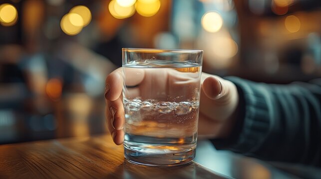 A close-up of a person's hand reaching for a glass of water on a wooden surface, with a blurred background in a doft focus, indoor setting, natural lighting, shallow depth of field