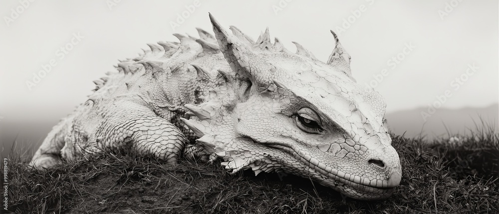 Canvas Prints  A black-and-white image of an iguana resting in the grass, with its head tilted to the side