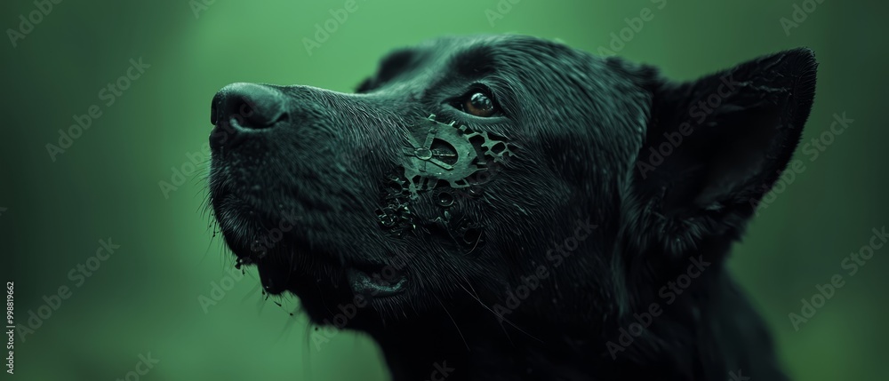 Poster  A tight shot of a black dog's face, its nose smeared with green paint