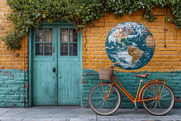 A local bike-sharing station next to a mural of the Earth, encouraging local solutions to global transportation issues.