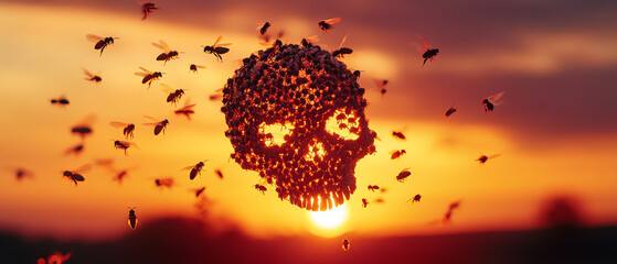 Skull formation made of bees against a vibrant sunset backdrop