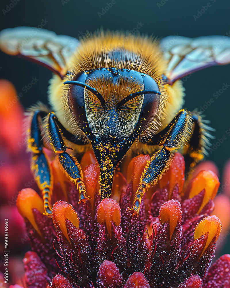 Poster a detailed macro photograph of a honeybee collecting pollen from a flower,