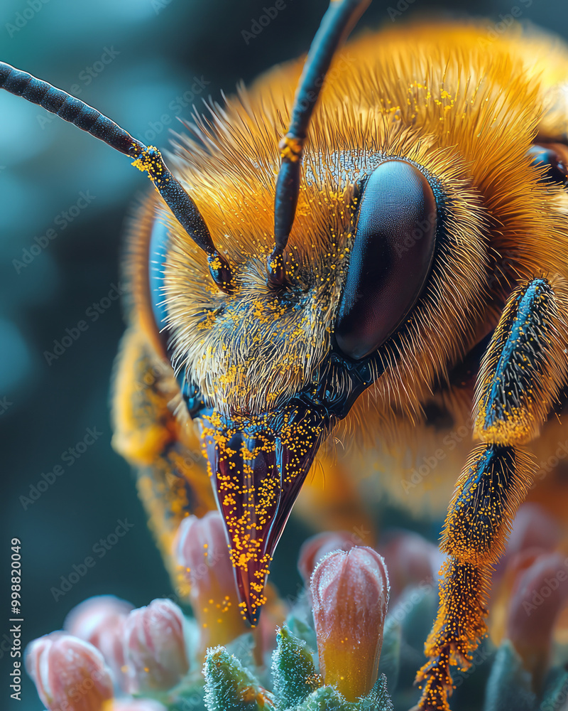 Poster a detailed macro photograph of a honeybee collecting pollen from a flower,