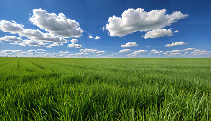 Obraz premium Champs verts sous un ciel bleu parsemé de nuages
