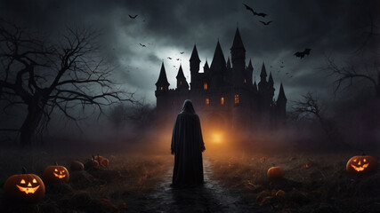 a halloween poster with a silhouette of a man in a halloween costume.