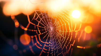 Close-up of a spider web glistening in sunlight against a blurred background.