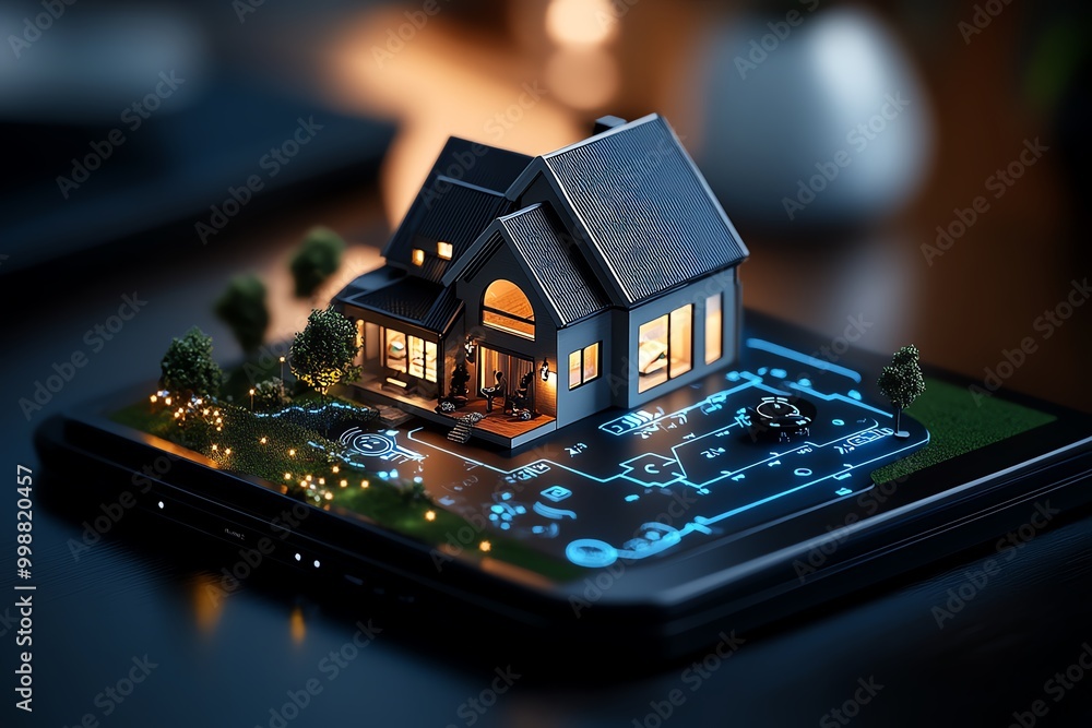 Aufkleber Digital 3D rendering of a smart home control system, where users can interact with their homeâ€™s lighting, security, and climate systems in a virtual interface