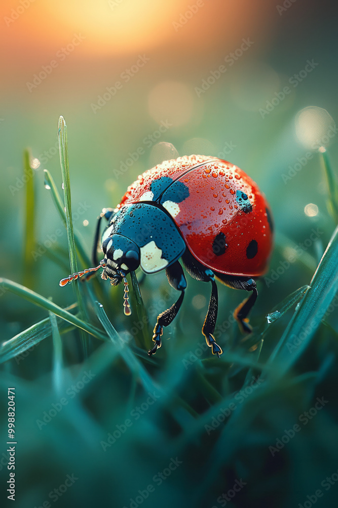 Poster Macro view of a ladybug crawling on a blade of grass,