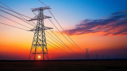 Towering high against a mesmerizing sunset backdrop, colossal electrical transmission towers stand sentinel. Their intricate web of cables, strung across the vast expanse