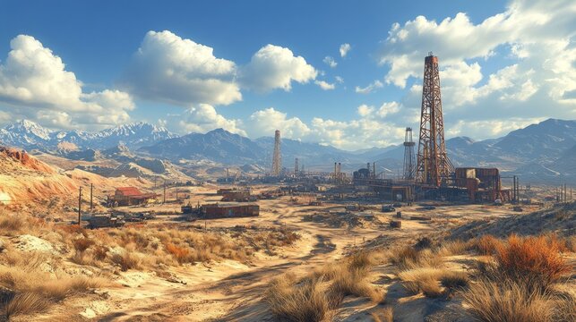 A desolate desert landscape with a few old oil rigs and a few buildings