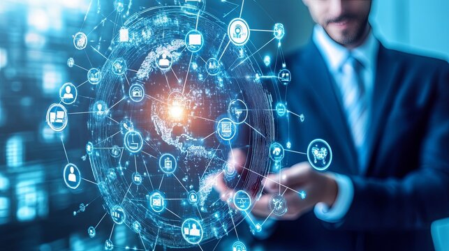 Cybersecurity concept with global network security, business professionals safeguarding personal data and information.