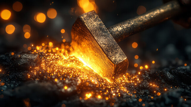 A blacksmith forging a glowing piece of metal on an anvil,