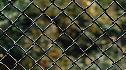 Close-up view of a chain link fence,  the interwoven metal pattern and texture