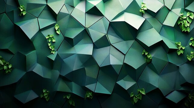 Abstract background with green overlapping polygons, smooth transitions, 4K resolution, surface with intricate geometric shapes