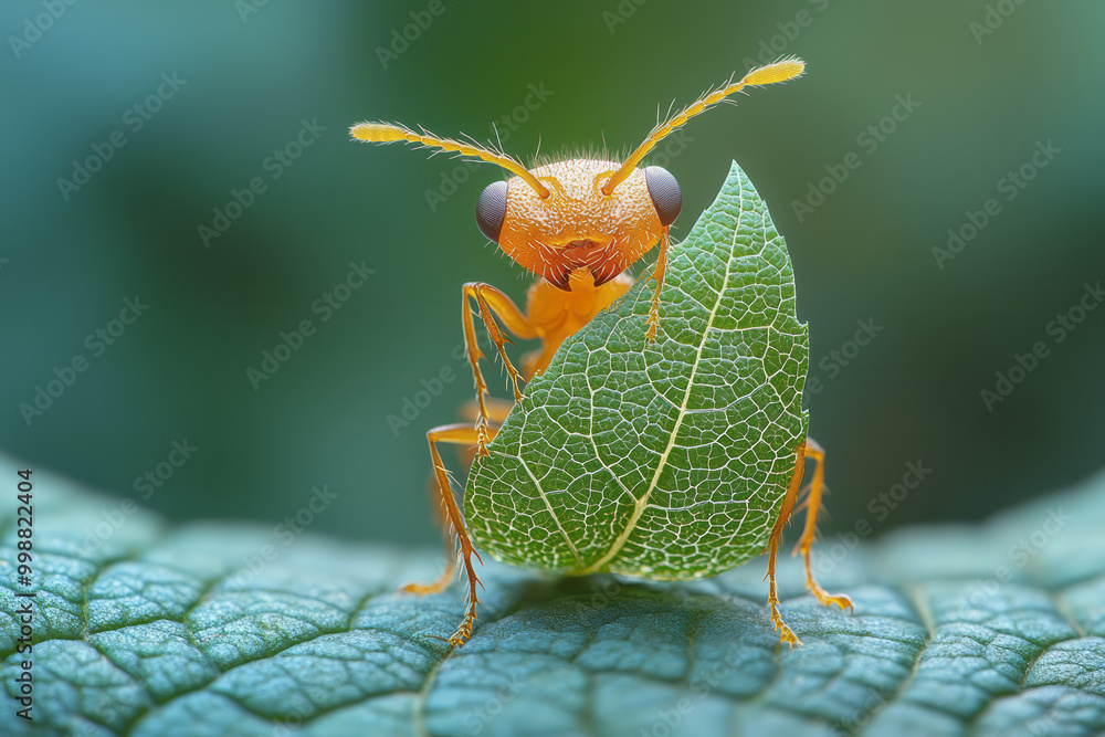 Poster detailed macro shot of an ant carrying a leaf,