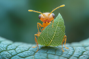 Naklejka premium Detailed macro shot of an ant carrying a leaf,