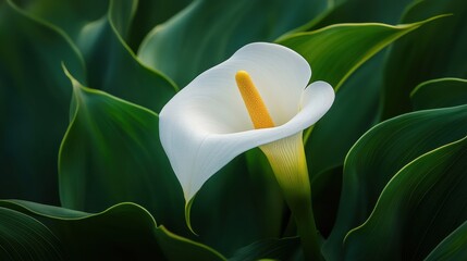 A beautiful white calla lily with a bright yellow spadix stands out against a background of vibrant green leaves,showcasing its elegant curves and pristine color.