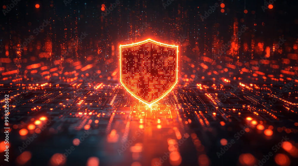 Poster A glowing shield in a digital matrix, with encrypted data floating in the background,