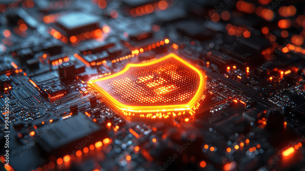 Poster a cyber shield glowing in a network of interconnected devices,